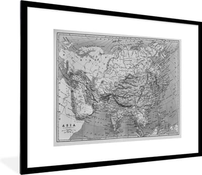 Fotolijst incl. Poster Zwart Wit- Klassieke wereldkaart zwart wit - 80x60 cm - Posterlijst