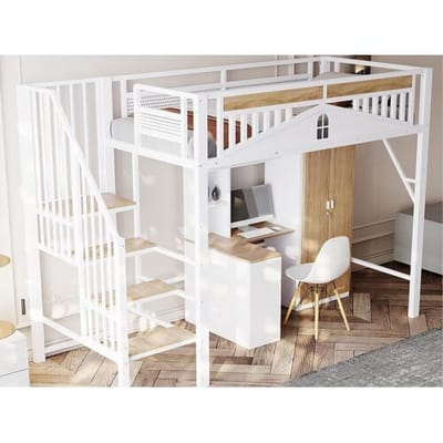 ModernLuxe Metalen tussenbed 90x200cm - met verstelbare ladder - Wit (matras niet inbegrepen)