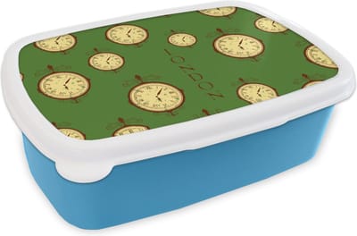 Broodtrommel Blauw - Lunchbox - Brooddoos - Londen - Vintage - Klok - Patroon - 18x12x6 cm - Kinderen - Jongen