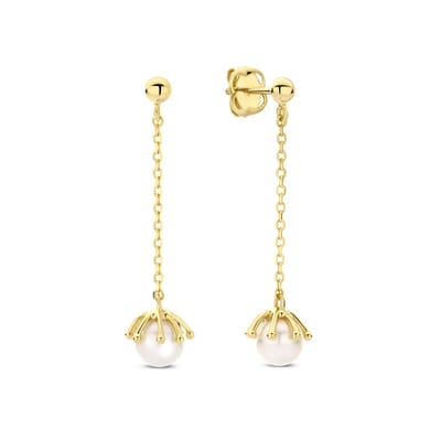 New Bling - 9NBG-0872 - 14K Goud - Oorhangers – Ketting met Parel – Dames Oorbellen
