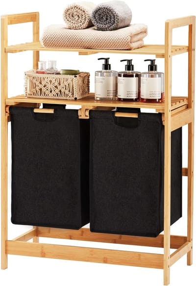 Bamboe Wasmand met 2 Planken en Uittrekbare Waszakken voor Badkamer, Slaapkamer en Keuken, 93 x 64 x 33 cm, Zwart