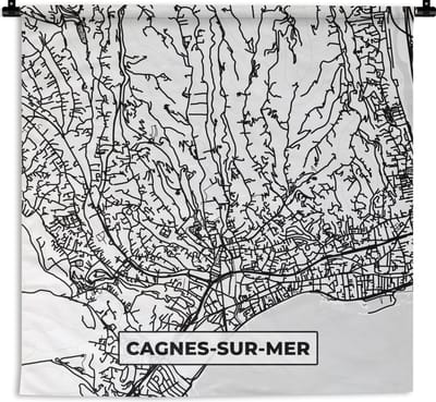 Wandkleed - Wanddoek - Stadskaart - Frankrijk - Kaart - Cagnes-sur-Mer - Plattegrond - Zwart wit - 180x180 cm - Wandtapijt
