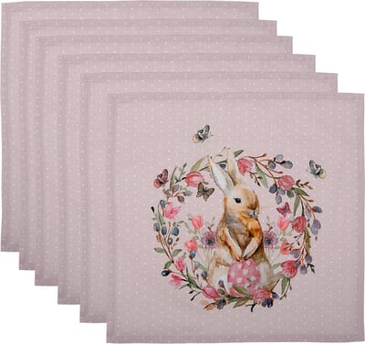 Clayre & Eef Servetten Katoen Set van 6 40x40 cm Beige Roze Katoen Vierkant Konijn Bloemen Servet Stof