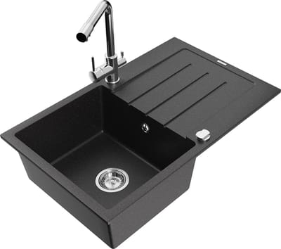 Mexen Bruno granieten gootsteen 1-komorige met afdruiprek en keukenmengkraan Duero, zwart/zilveren metallic - 6513-73-671600-00