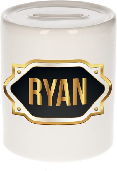 Spaarpot met voornaam Ryan - wit - met goud/zwart embleem - 8 x 9 cm - keramiek - met afsluitdop - cadeau verjaardag