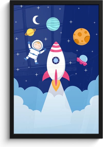 Poster in lijst - Fotolijst 40x60 cm - Posters - Raket - Ruimte - Astronaut - Blauw - Jongens - Posterlijst zwart - Kamer decoratie - Wanddecoratie kinderkamer - Muurdecoratie babykamer
