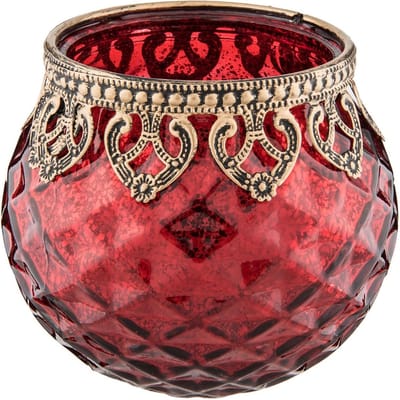 Clayre & Eef Theelichthouder Ø 10x10 cm Rood Goudkleurig Glas