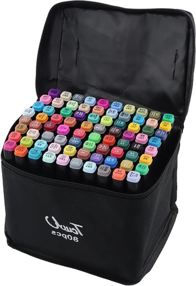 Set van 80 Kleurrijke Dubbelpunt Markers voor Tekenen en Schetsen, Alcoholgebaseerde Highlighters met Brede en Fijne Punt, Inclusief Opbergtas en Basis voor Kinderen en Volwassenen
