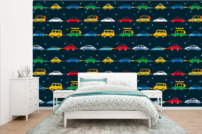 Behang - Fotobehang Patronen - Auto - Ruimte - Kind - Jongens - Kinderen - Kids - Breedte 385 cm x hoogte 240 cm
