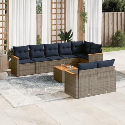 vidaXL - 9-delige - tuinbankset - met - kussens, - grijs - polyrotan
