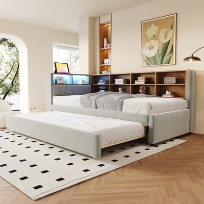 Wishdor – Slaapbank 90x200 cm – Met Uitschuifbed, LED & Oplaadpoorten – Inclusief Opbergvakken – Smart & Flexibel – Flanel – Lichtgrijs