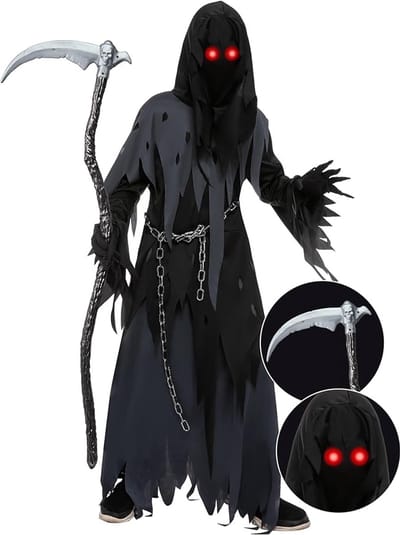Famanu - Halloween-kostuum voor, jongens, zeisenman, maat S (5-7 jaar), medium (8-10 jaar), donker (10-12 jaar)