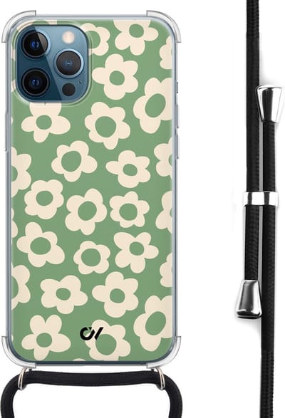 Casevibes - Telefoonhoesje met koord - Geschikt voor Apple iPhone 12 - Retro Cute Flowers - Groen -