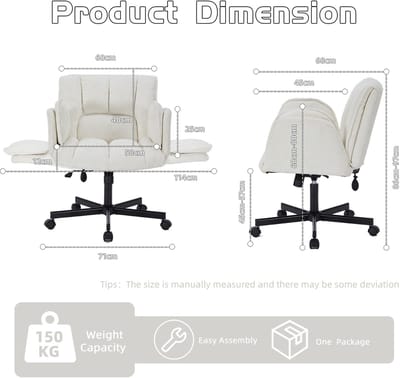 Bureaustoel 71 x 68 x 86 cm - Draaibaar Met Wielen En Verstelbare Hoogte - Thuiswerk En Bureau - Stof - Beige