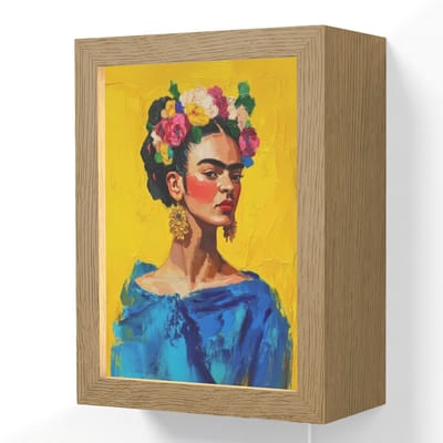 Wandlamp 15x20 cm - Oplaadbaar - Frida Kahlo - Vrouw - Geel - Blauw - Bloemen - Wandlampen binnen woonkamer - Slaapkamer lamp met kabel - Decoratieve nachtlamp - Vloerlamp snoer