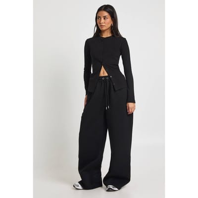 boohoo Dames Geribbelde Doorknoop Lange Mouwen Top Trainingspak | Zwart | Maat: Large