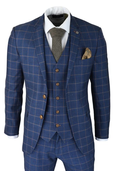 Heren 3-delige Kostuum Blauw Goud Check Peaky Blinders 1920 Gatsby Stijl Vintage Kostuum