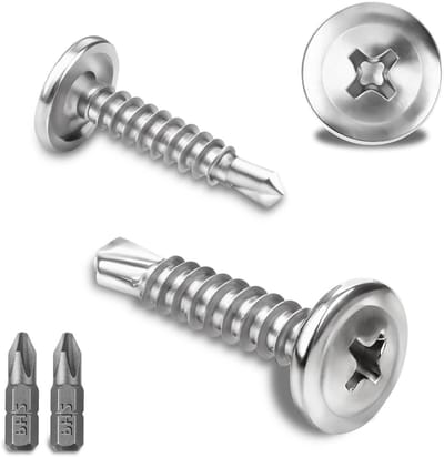 Allecto Plus - Zelftappende schroeven 150 stuks 410 roestvrij staal 42 x 19 mm voor staal metaal - zelfborend - verzonken kop - inclusief 2 bits