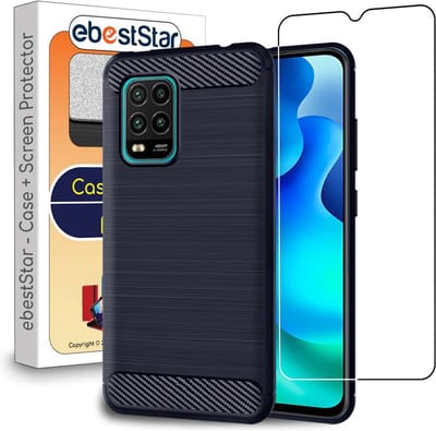 ebestStar - Hoes geschikt voor Xiaomi Mi 10 Lite, TPU Bescherming Cover, Koolstof Design Hoesje, Donkerblauw + Gehard Glas