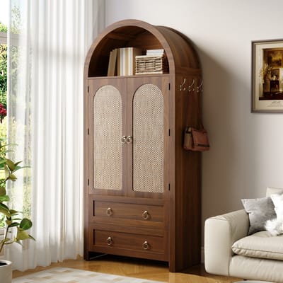 Wishdor Dressoir - Rattan Deuren - Dubbele Lades - Met Zijhaken - Vintage Stijl - MDF - Notenhout - 80 X 40 X 180 Cm