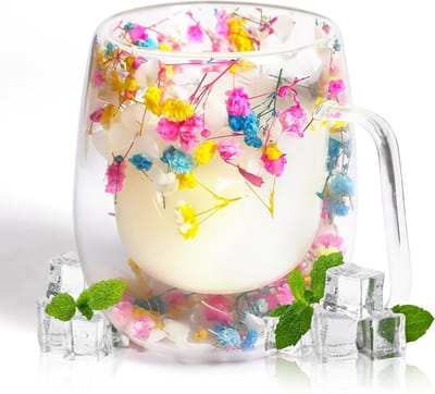 Dried Flower Mok van Dubbelwandig Glas 370ml, Schattige Isolerende Koffiemok met Handvat, Perfecte Verjaardagscadeaus voor Moeder, Vriendin of Leraar