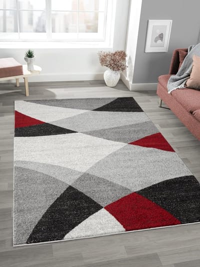 Famanu – Modern laagpolig tapijt geometrisch patroon grijs rood 140 x 200 cm