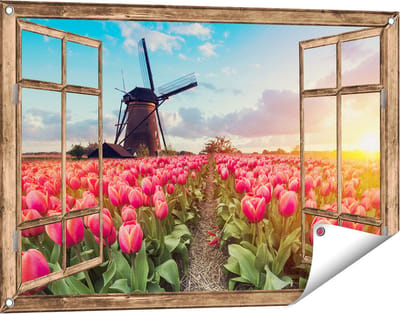 Gards Tuinposter Doorkijk Roze Tulpen Bloemenveld - met Windmolen - 90x60 cm - Tuindoek - Tuindecoratie - Wanddecoratie buiten - Tuinschilderij