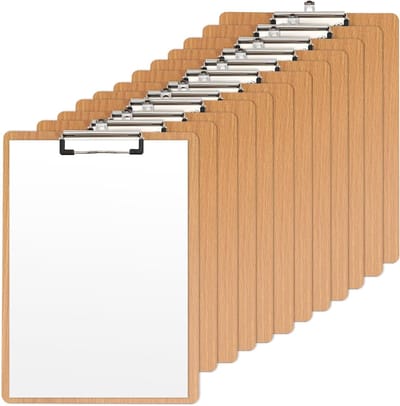 Set van 12 A4 Houten Clipboards, Duurzaam Hardboard, Kwaliteit Menu Clipboard met Stevige Veerhandgreep en Verborgen Hanggat voor Kantoor, Werk, Klaslokaal en Restaurant