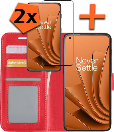 Hoes - Met 2x Screenprotector - Geschikt voor OnePlus 10 Pro - Luxe Pasjeshouder - Bookcase Portemonee - Flip Case - Kunstleer Book Case - Flipcase Hoes - Book Cover - Walletcase - PortemonneeHoes - Rood