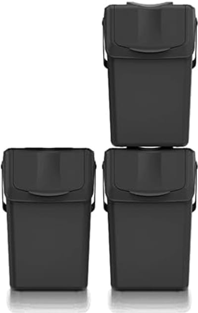 Afvalemmer Set van 3 - 100% Gerecycled Kunststof - 25 Liter per Emmer - Zwart