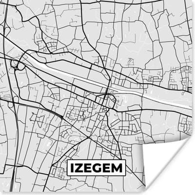 Poster Zwart Wit – België – Plattegrond – Stadskaart – Kaart – Izegem - 100x100 cm XXL