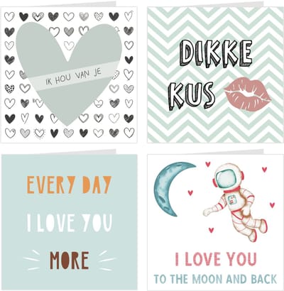 4x wenskaarten / set kaarten en enveloppen | SWEET LOVE | o.a. ik hou van je / I love you