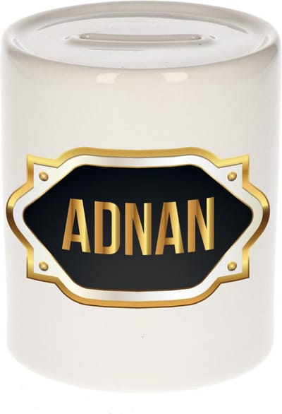 Spaarpot met voornaam Adnan - wit - met goud/zwart embleem - 8 x 9 cm - keramiek - met afsluitdop - cadeau verjaardag