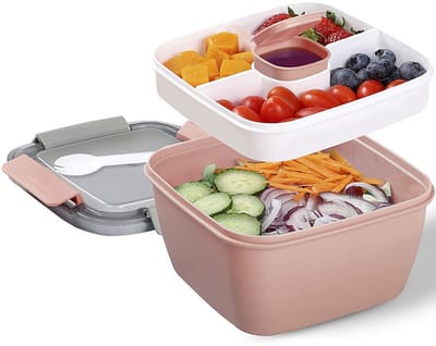Lunchbox Set - Saladecontainer Bento Box - 3 Vakken 1500 ml - Lekvrij Magnetronbestendig - Voor Werk School Reizen - Donker Roze
