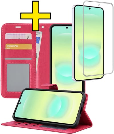 Hoesje - Met Screenprotector - Geschikt voor Samsung Galaxy A37 - Luxe Pasjeshouder - Bookcase Portemonee - Flip Case - Kunstleer Book Case - Flipcase - Book Cover - Walletcase - Portemonneehoes - Telefoonhoesjes - Donkerroze