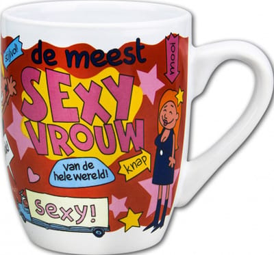 Mok - Snoep - De meest sexy vrouw van de wereld - Cartoon - In cadeauverpakking met gekleurd krullint