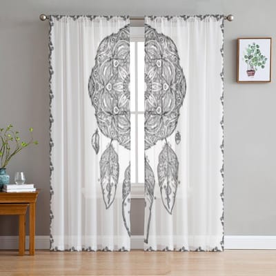 Zwart-wit dromenvanger transparant gordijn voor woonkamer moderne voile tule raamgordijnen voor slaapkamer keuken gordijnen 135W x 114H(cm) gray