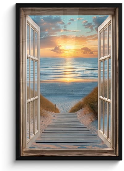 Poster in lijst - Fotolijst 60x90 cm - Posters - Doorkijk - Strand - Pad - Zonsondergang - Posterlijst zwart - Decoratie - Wanddecoratie woonkamer - Muurdecoratie slaapkamer