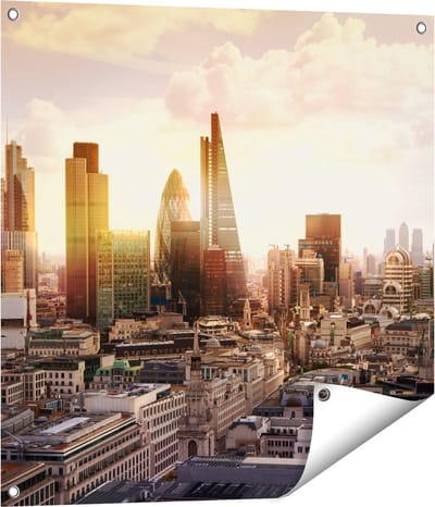 Gards Tuinposter Londen bij Zonsondergang in een Moderne Wijk - 70x70 cm - Tuindoek - Tuindecoratie - Wanddecoratie buiten - Tuinschilderij