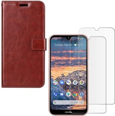 hoesje Geschikt voor: Nokia 2.3 Portemonnee bruin met 2 stuks Glas Screen protector
