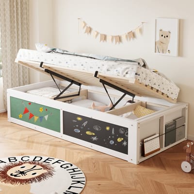 DESMIU Multifunctioneel Kinderbed 90x200 cm – Met Hydraulische Opbergruimte En Tekenbord – Boekenvak Links Of Rechts – Hout – Wit – Zonder Matras