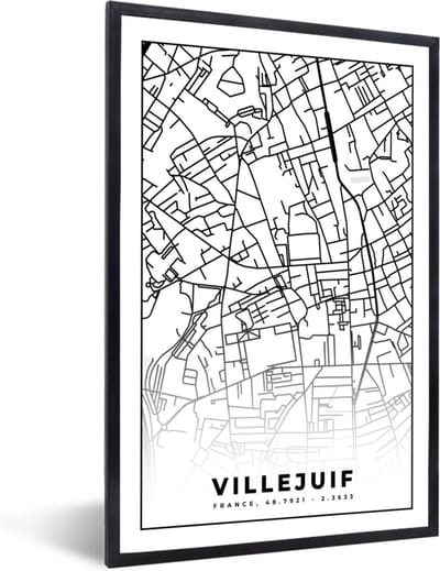 Fotolijst incl. Poster Zwart Wit- Stadskaart - Frankrijk - Villejuif - Kaart - Plattegrond - Zwart wit - 40x60 cm - Posterlijst