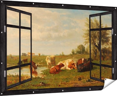 Gards Tuinposter Doorkijk Koeien in de Weide - Gerard Bilders - 180x120 cm - Tuindoek - Tuindecoratie - Wanddecoratie buiten - Tuinschilderij