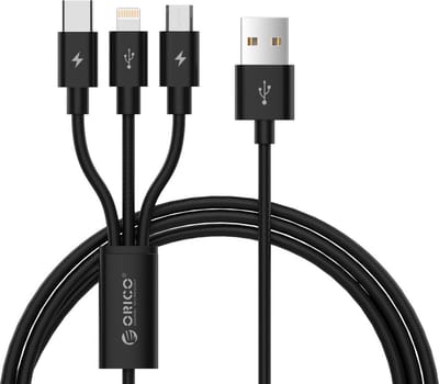 Orico - Nylon gevlochten 3-in-1 laadkabel met Lightning, Micro B en Type-C interface - 3A - Vergulde connectoren - Aluminium Legering - Zwart