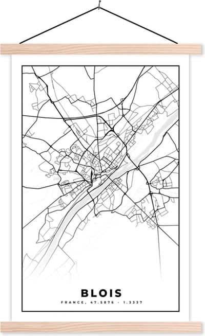 Posterhanger incl. Poster 40x60 cm - Schoolplaat - Kaart - Stadskaart - Frankrijk - Blois - Plattegrond - Zwart wit - Textielposter - Blanke latten - Stadskaart