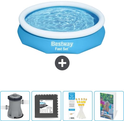 Bestway Rond Opblaasbaar Fast Set Zwembad - 305 x 66 cm - Blauw - Inclusief Pomp - Vloertegels - Testrips - Zwembadgids