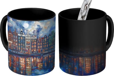 Magische Mok - Foto op Warmte Mokken - Koffiemok - Grachten Amsterdam - Huizen - Stad - Kleurrijk - Magic Mok - Beker - 350 ML - Theemok