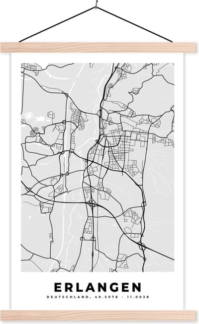 Posterhanger incl. Poster 40x60 cm - Schoolplaat - Duitsland - Stadskaart - Plattegrond - Erlangen - Kaart - Textielposter - Blanke latten - Stadskaart