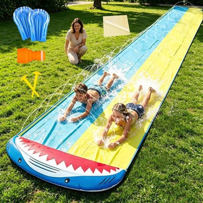 480 cm, dubbele waterglijbaan met 2 bodyboards, robuuste glijbaan met geïntegreerde sprinkler om te glijden, zomerfeesten, tuin, gazon en waterspelen buiten