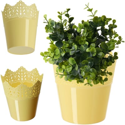 KADAX Puntige bloempot van kunststof, 9 kleuren, bloempot met kantmotief, bloempotbescherming voor kantoor, pot, tuinschaal, bloembak, bloempot (diameter 12 cm, laag, geel)